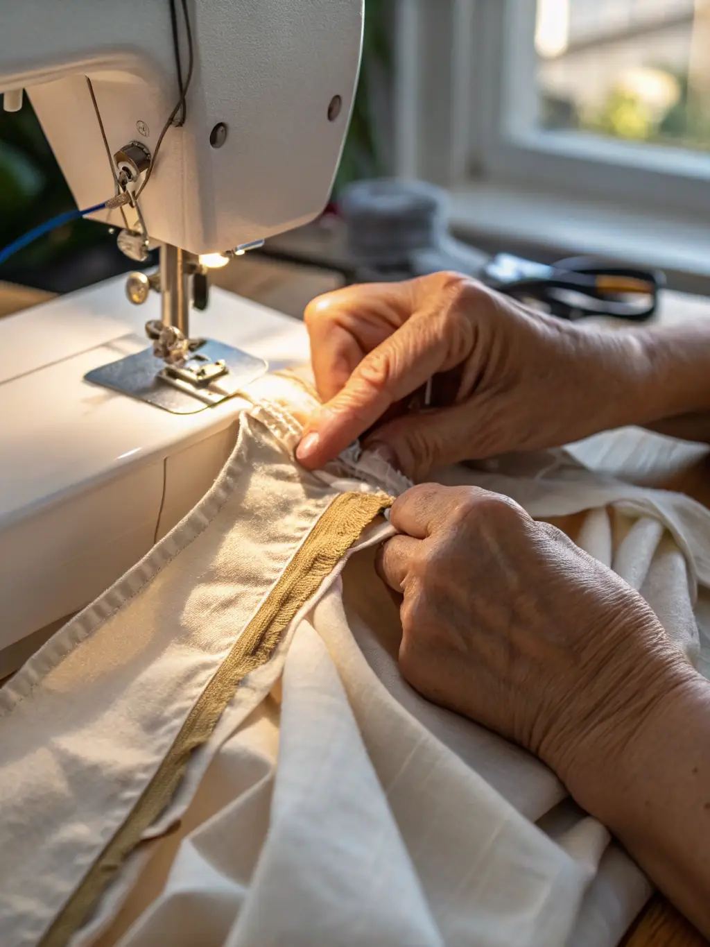 A close-up shot of a skilled seamstress working on a custom flag, using a sewing machine in a bright and organized workshop at ArmFlags.