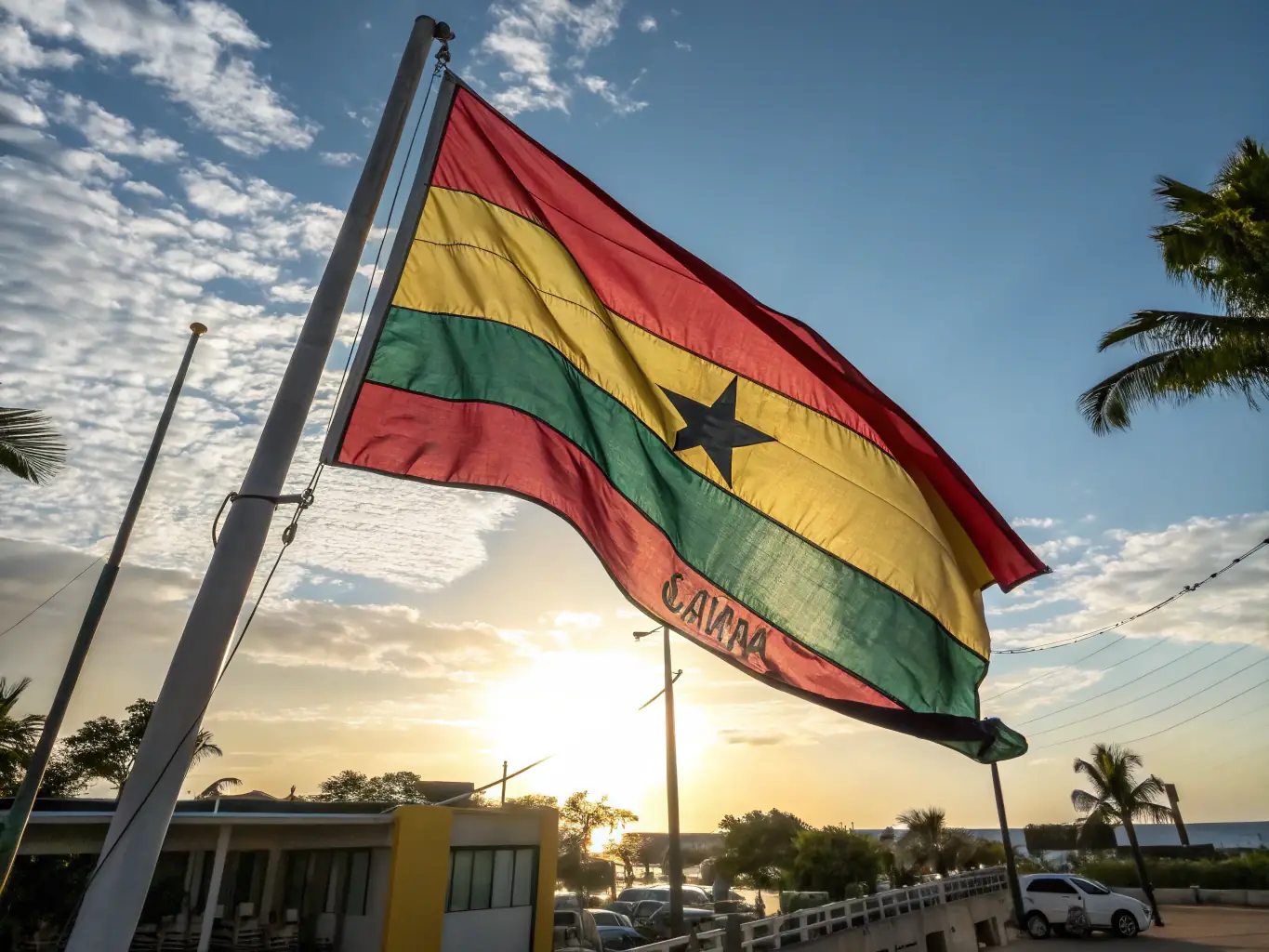 A vibrant, high-quality custom flag waving proudly against a clear blue sky, showcasing detailed embroidery and bright, fade-resistant colors. The flag represents a local sports team.
