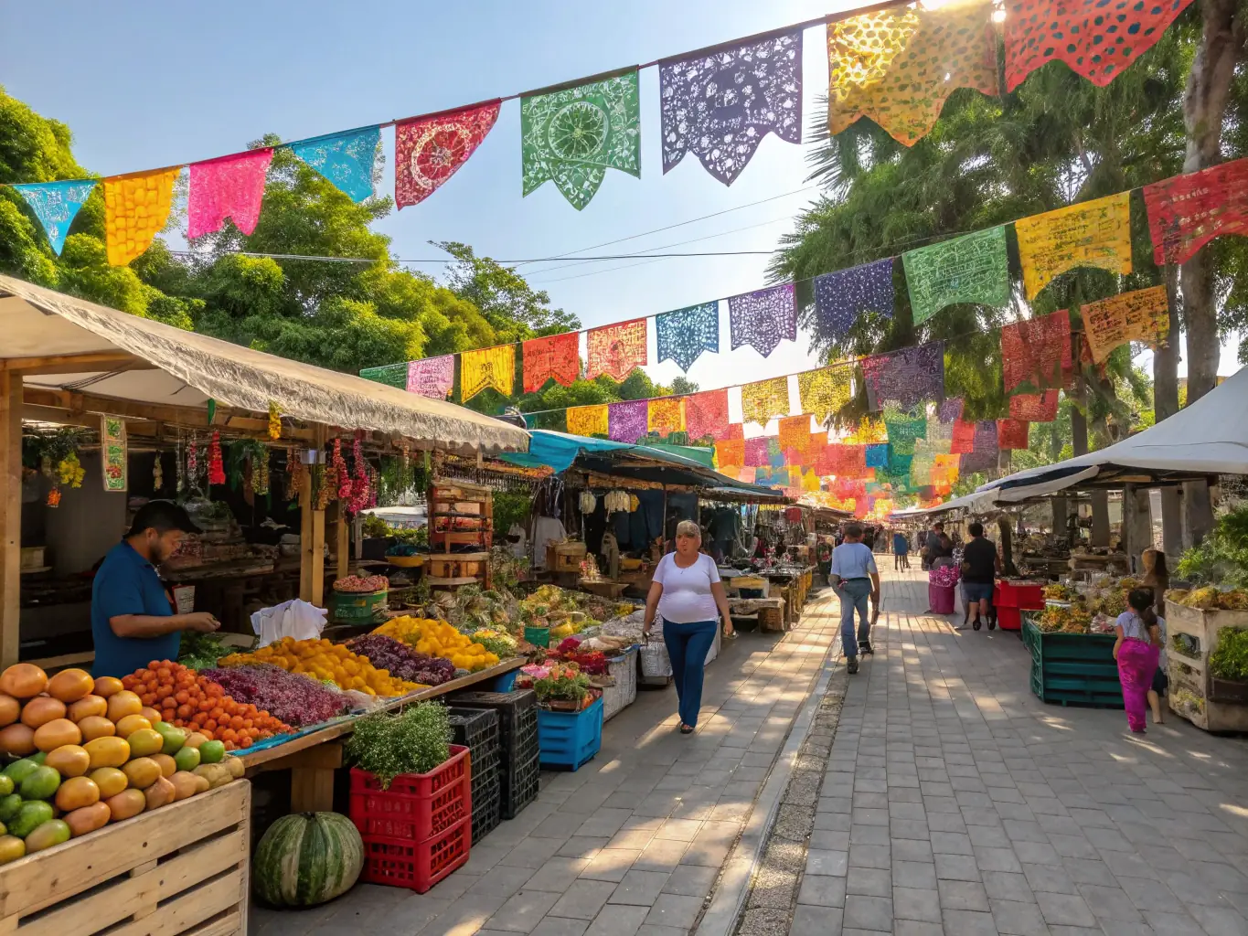 A collection of colorful vendor banners displayed at a busy outdoor market, attracting attention with their eye-catching designs and clear messaging. The banners promote various food and craft vendors.